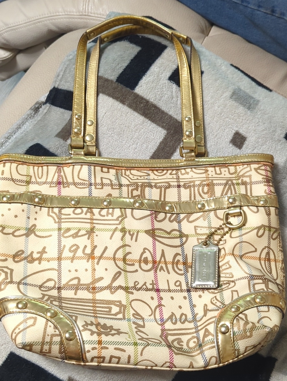 Coach Cream Multicolor Script Tote with Gold Trim